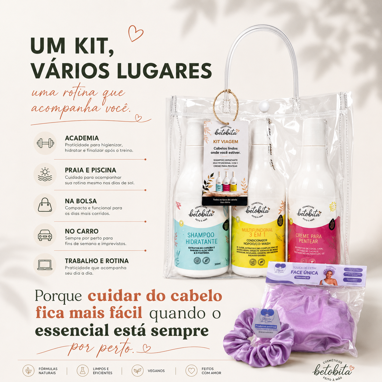 Betobita Kit Viagem 300ml Edição Limitada com Creme para Pentear Multifuncional e Shampoo Hidratante Venda Sazonal